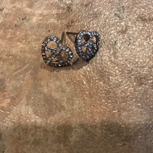 Silver rhinestone peace heart earrings